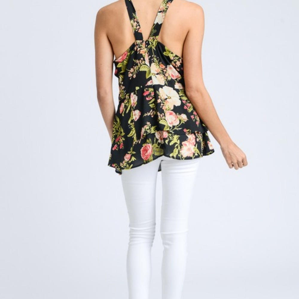 LAST ONE!! Black Floral Halter Neck Peplum Top - Picture 2 of 2